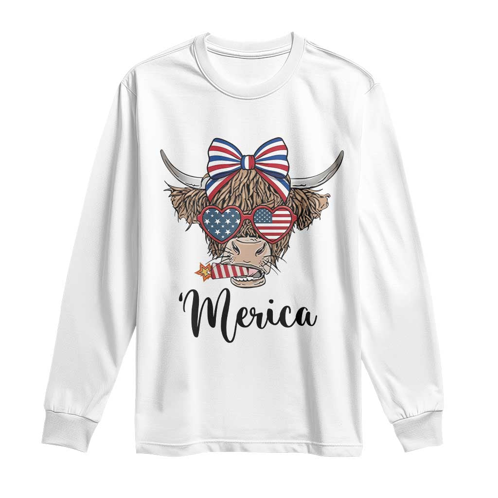 Patriotic Highland Cow Long Sleeve Shirt Merica USA Flag Farmer Gift TS12 White Print Your Wear