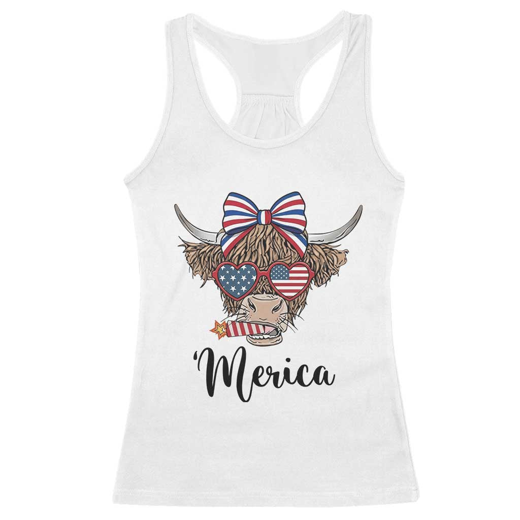 Patriotic Highland Cow Racerback Tank Top Merica USA Flag Farmer Gift TS12 White Print Your Wear