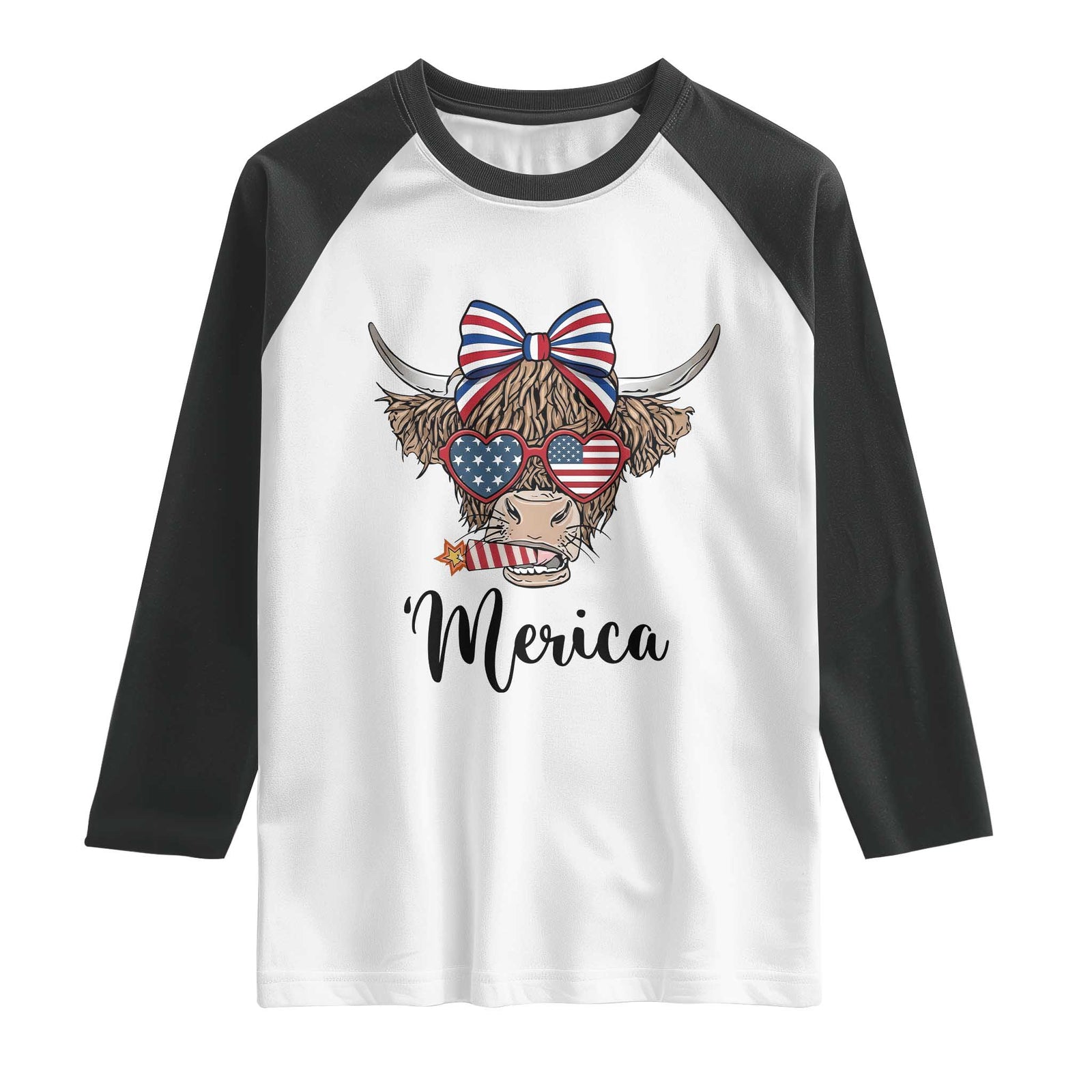 Patriotic Highland Cow Raglan Shirt Merica USA Flag Farmer Gift TS12 White Black Print Your Wear