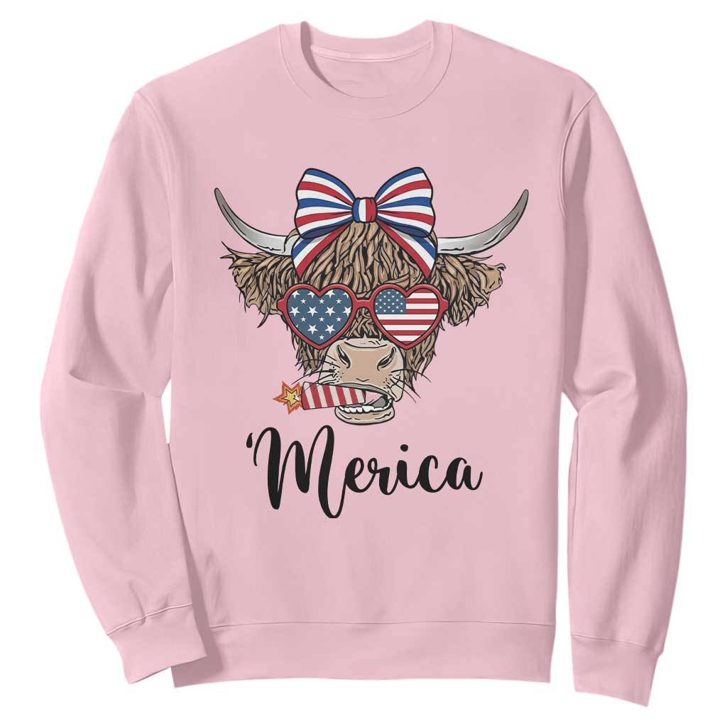 Patriotic Highland Cow Sweatshirt Merica USA Flag Farmer Gift TS12 Light Pink Print Your Wear