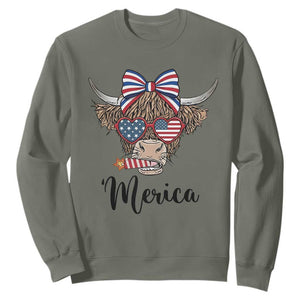 Patriotic Highland Cow Sweatshirt Merica USA Flag Farmer Gift TS12 Military Green Print Your Wear