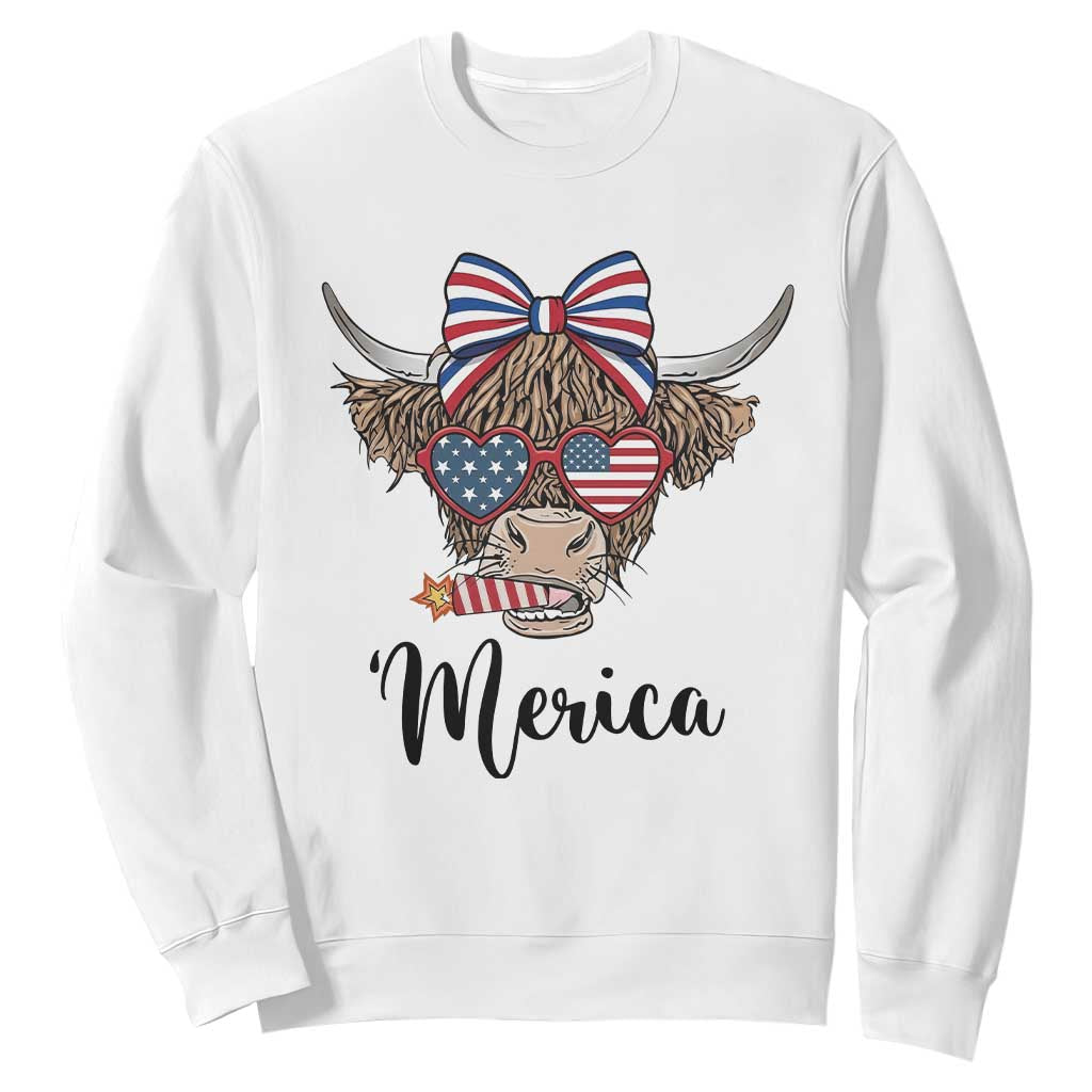 Patriotic Highland Cow Sweatshirt Merica USA Flag Farmer Gift TS12 White Print Your Wear