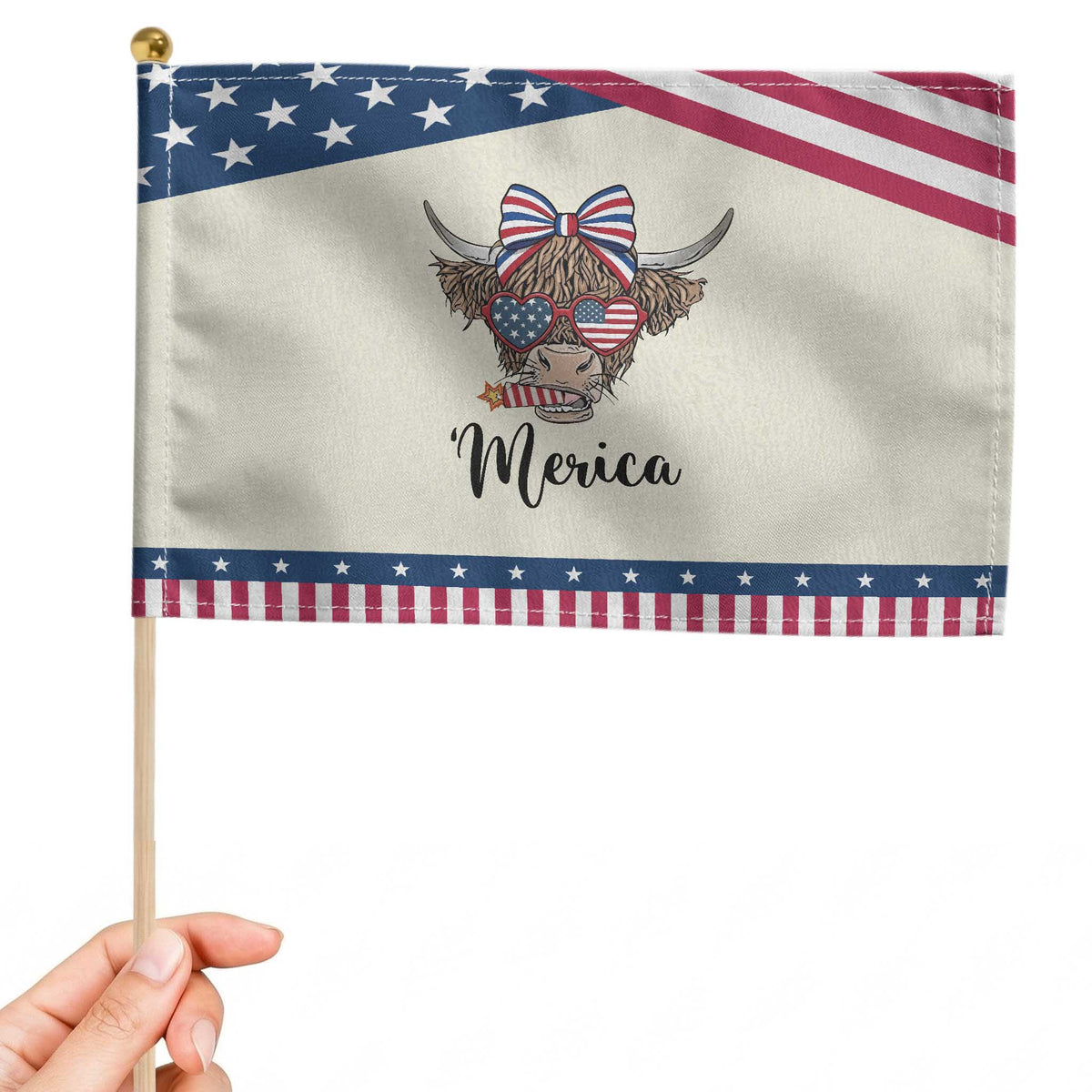 Funny Highland Cow Lover Patriotic Handheld Flag Merica USA Flag Farmer Gift TS12 Modern 8.2