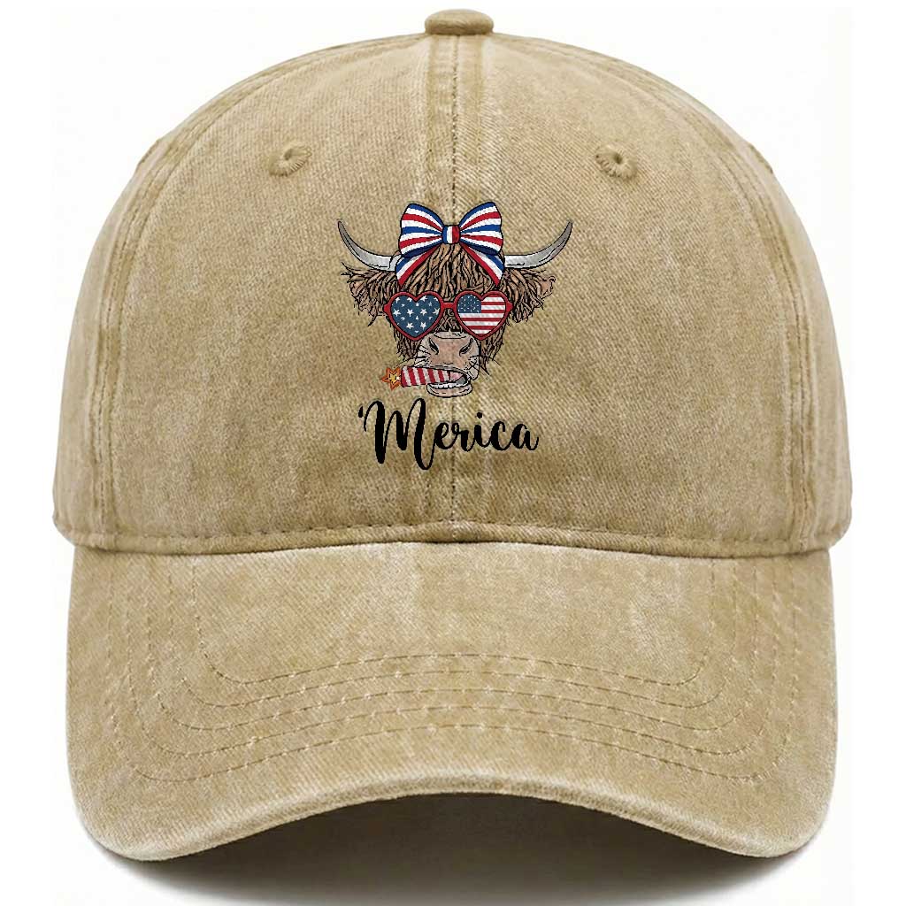 Patriotic Highland Cow Washed Cotton Baseball Cap Merica USA Flag Farmer Gift TS12 Print Your Wear