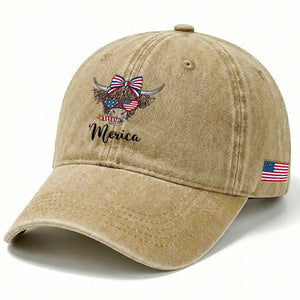 Patriotic Highland Cow Washed Cotton Baseball Cap Merica USA Flag Farmer Gift TS12 Print Your Wear