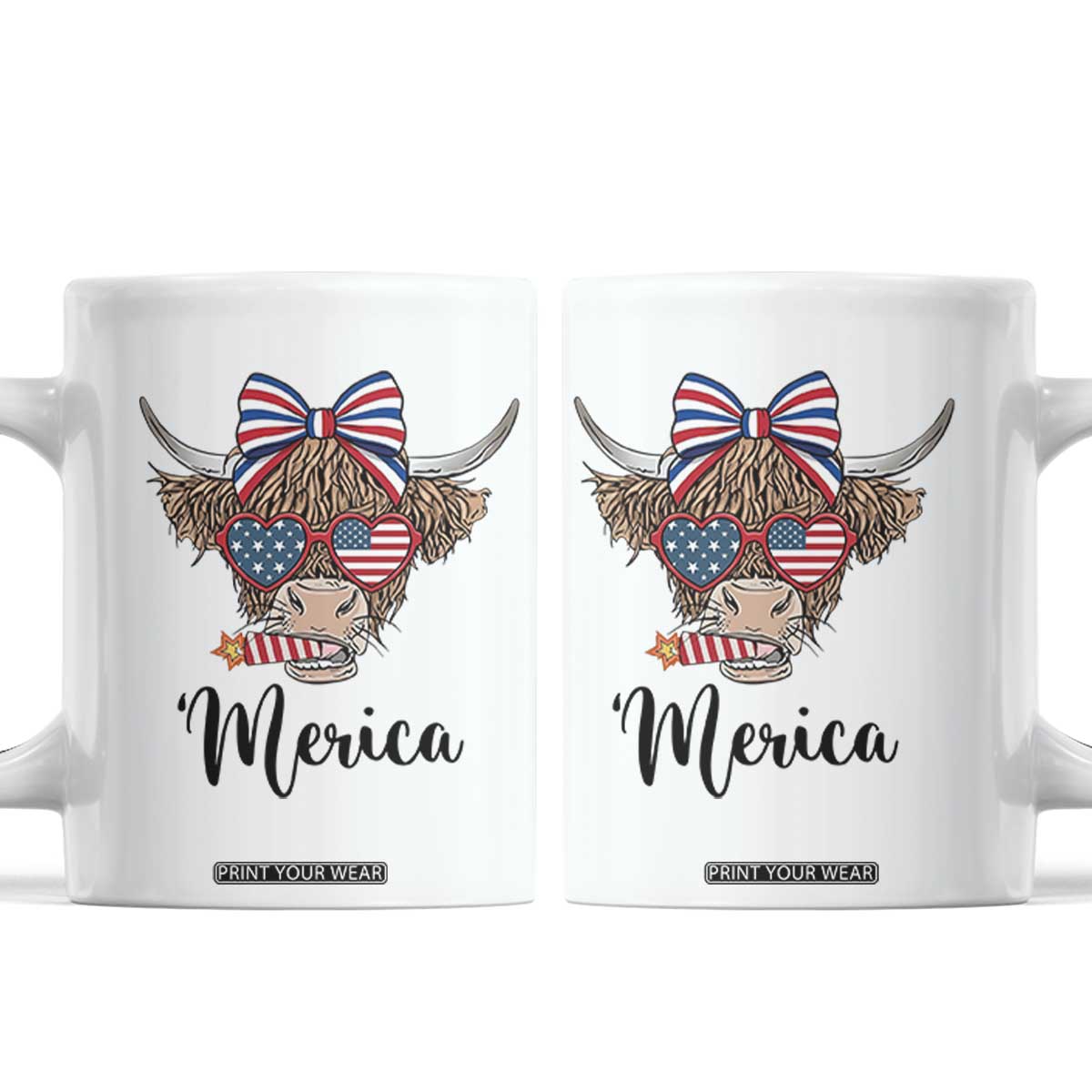 Patriotic Highland Cow Coffee Mug Merica USA Flag Farmer Gift TS12 White Print Your Wear