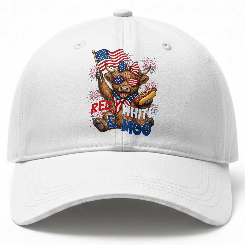 Striped Highland Cow 4th Of July Baseball Cap Red White And Moo TS12 Print Your Wear