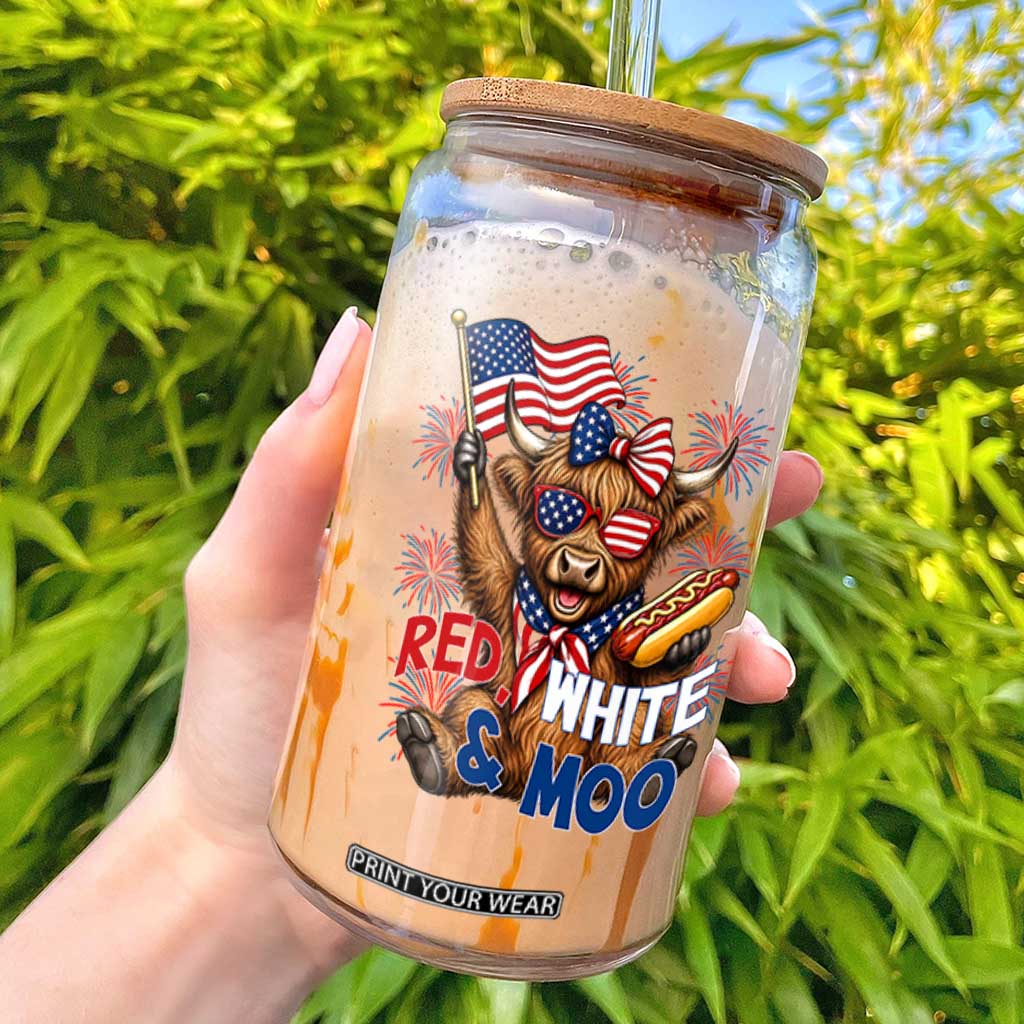 Striped Highland Cow 4th Of July Glass Can Red White And Moo TS12 White Print Your Wear