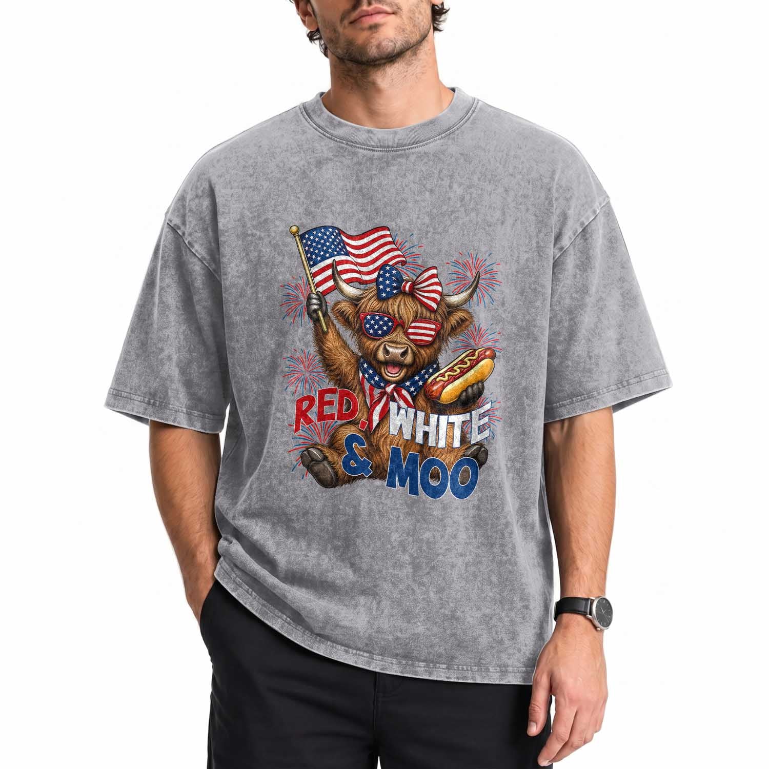 Striped Highland Cow 4th Of July Washed Cotton T-Shirt Red White And Moo