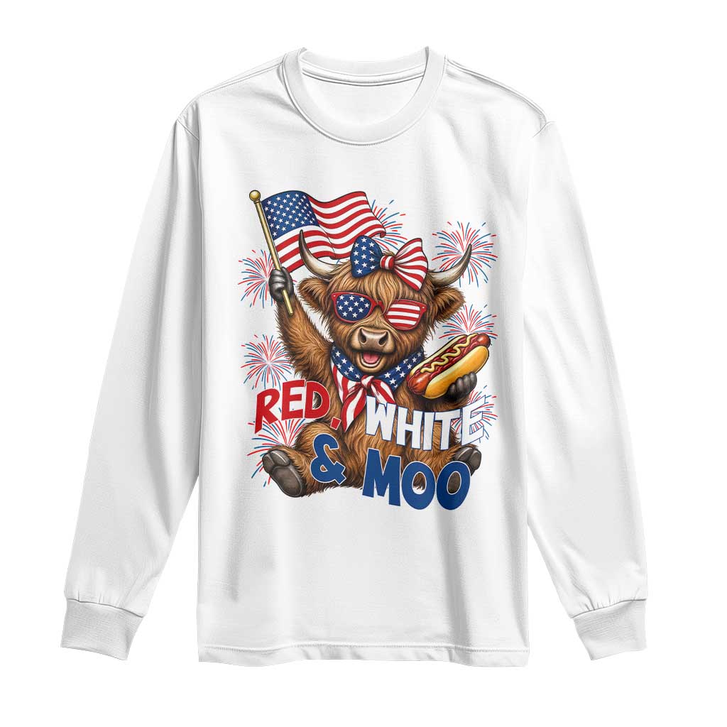 Striped Highland Cow 4th Of July Long Sleeve Shirt Red White And Moo TS12 White Print Your Wear