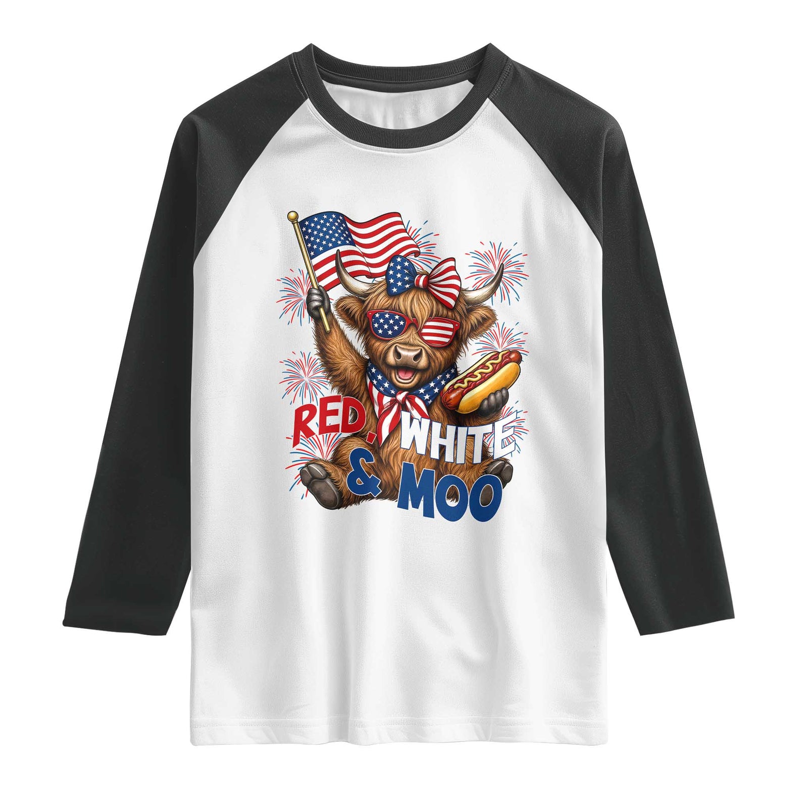 Striped Highland Cow 4th Of July Raglan Shirt Red White And Moo TS12 White Black Print Your Wear