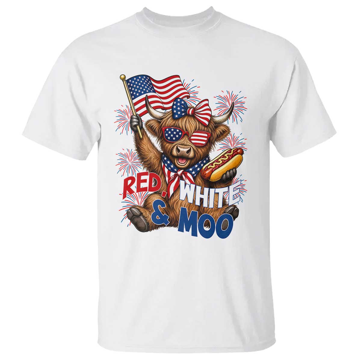 Striped Highland Cow 4th Of July T Shirt Red White And Moo TS12 White Print Your Wear