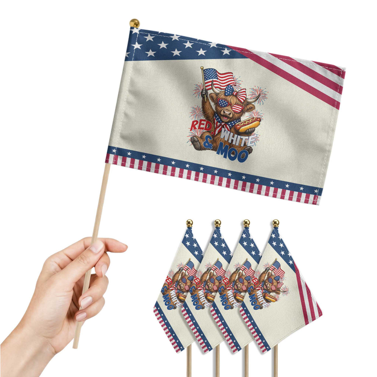 Striped Highland Cow 4th Of July Patriotic Handheld Flag Red White And Moo TS12 Print Your Wear