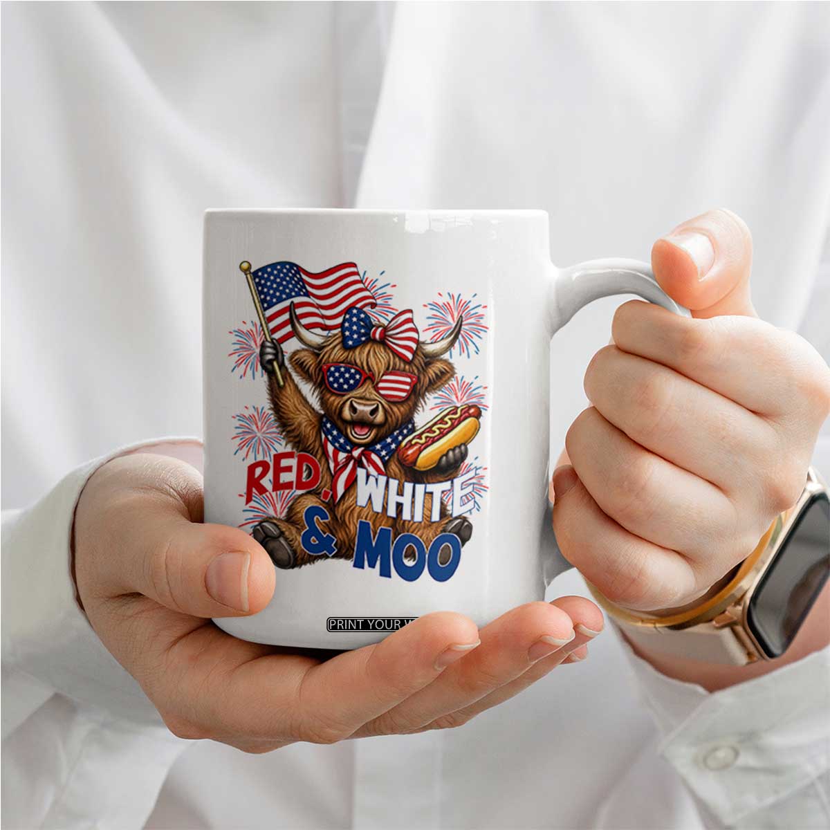 Striped Highland Cow 4th Of July Coffee Mug Red White And Moo TS12 Print Your Wear