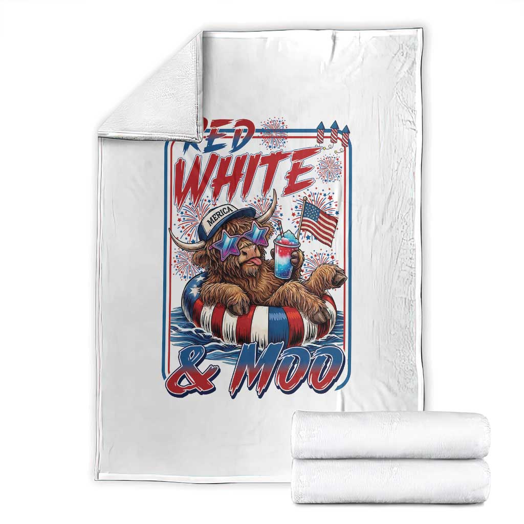 Funny Highland Cow Pool Party 4th Of July Throw Blanket Red White And Moo TS12 White Print Your Wear