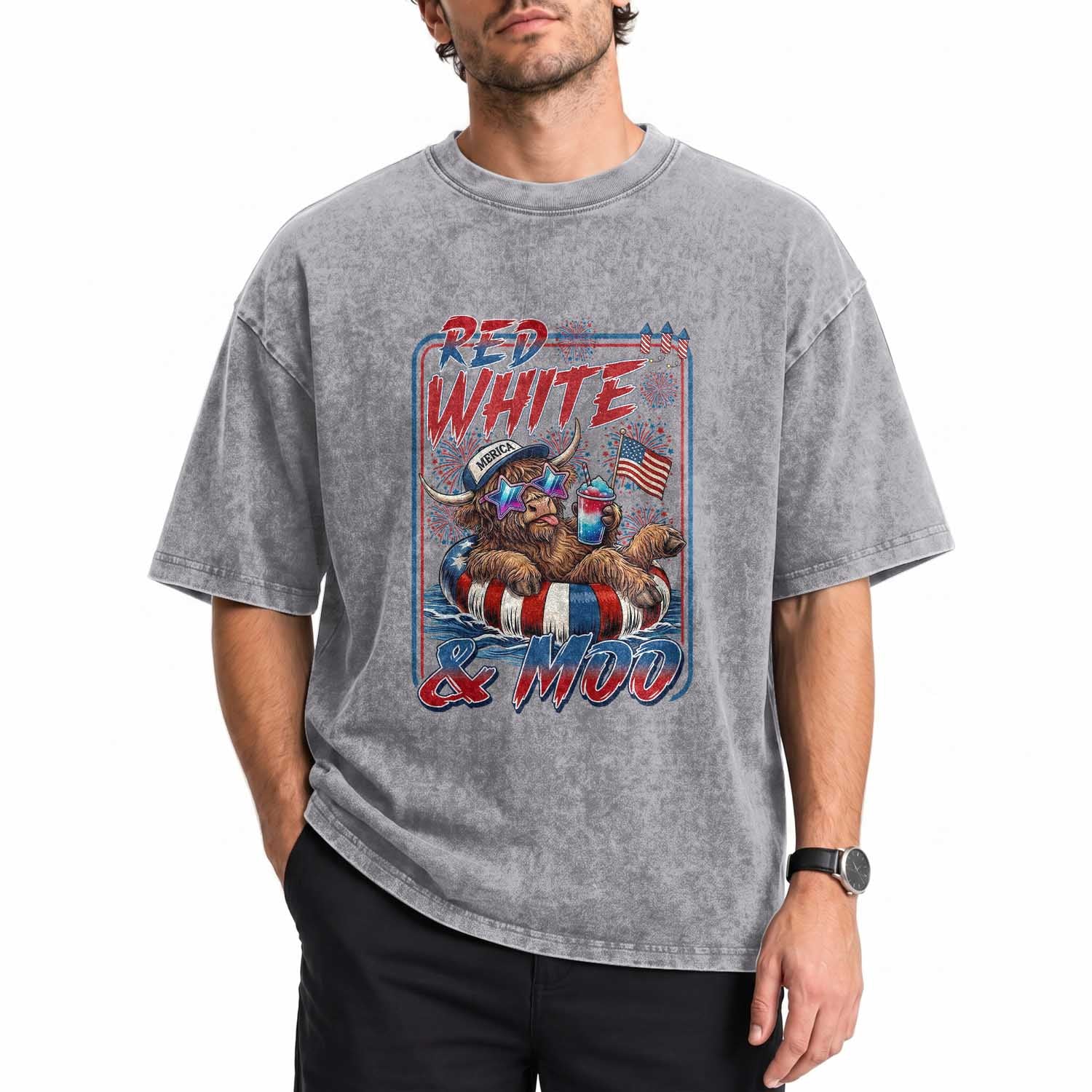 Funny Highland Cow Pool Party 4th Of July Washed Cotton T-Shirt Red White And Moo