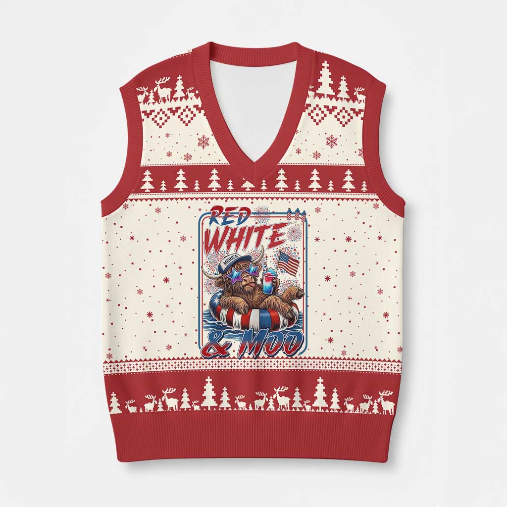 Funny Highland Cow Pool Party 4th Of July V-Neck Knit Sweater Vest Red White And Moo TS12 Beige Red Print Your Wear