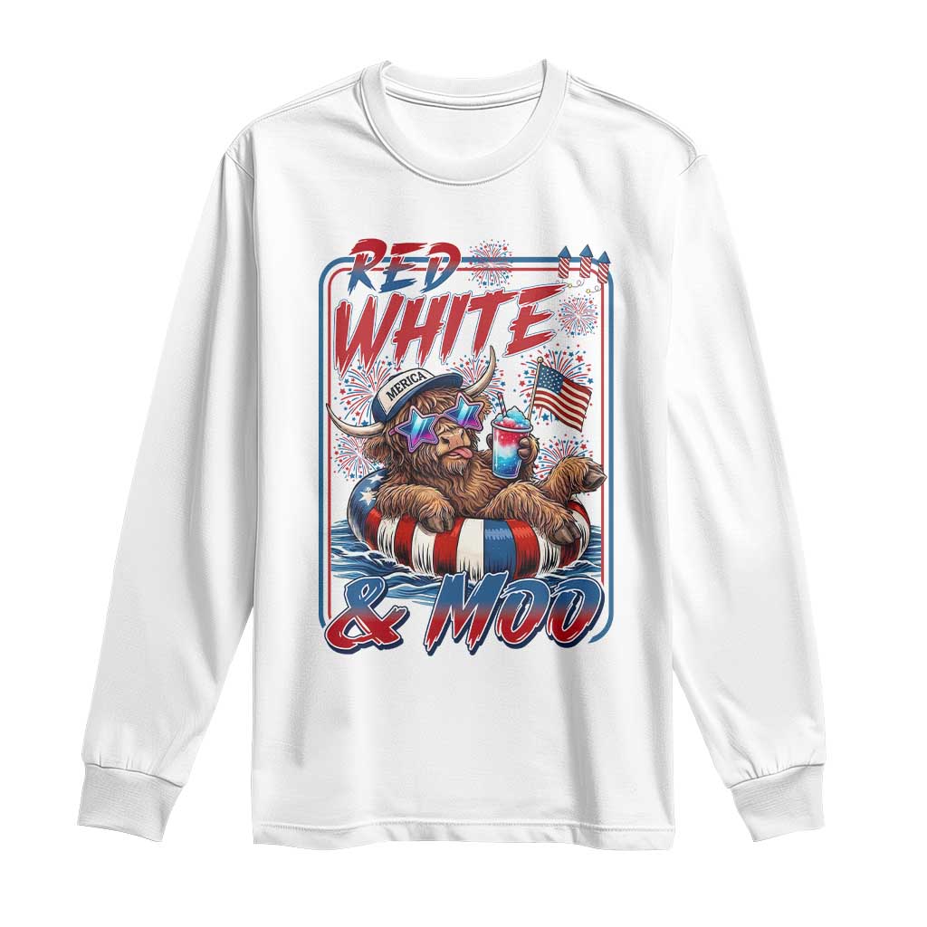 Funny Highland Cow Pool Party 4th Of July Long Sleeve Shirt Red White And Moo TS12 White Print Your Wear