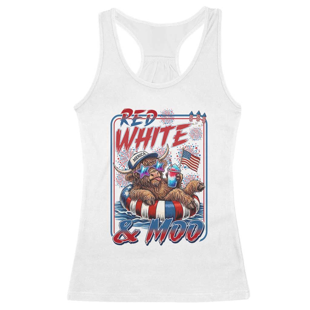 Funny Highland Cow Pool Party 4th Of July Racerback Tank Top Red White And Moo TS12 White Print Your Wear