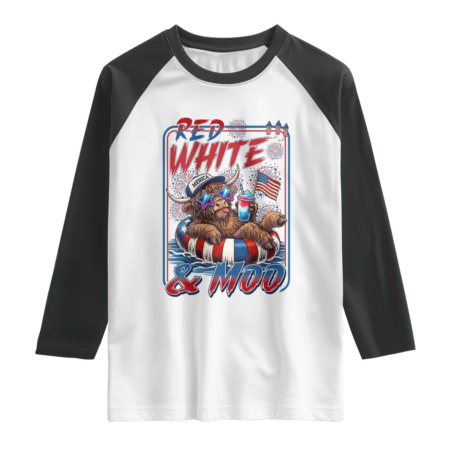 Funny Highland Cow Pool Party 4th Of July Raglan Shirt Red White And Moo TS12 White Black Print Your Wear
