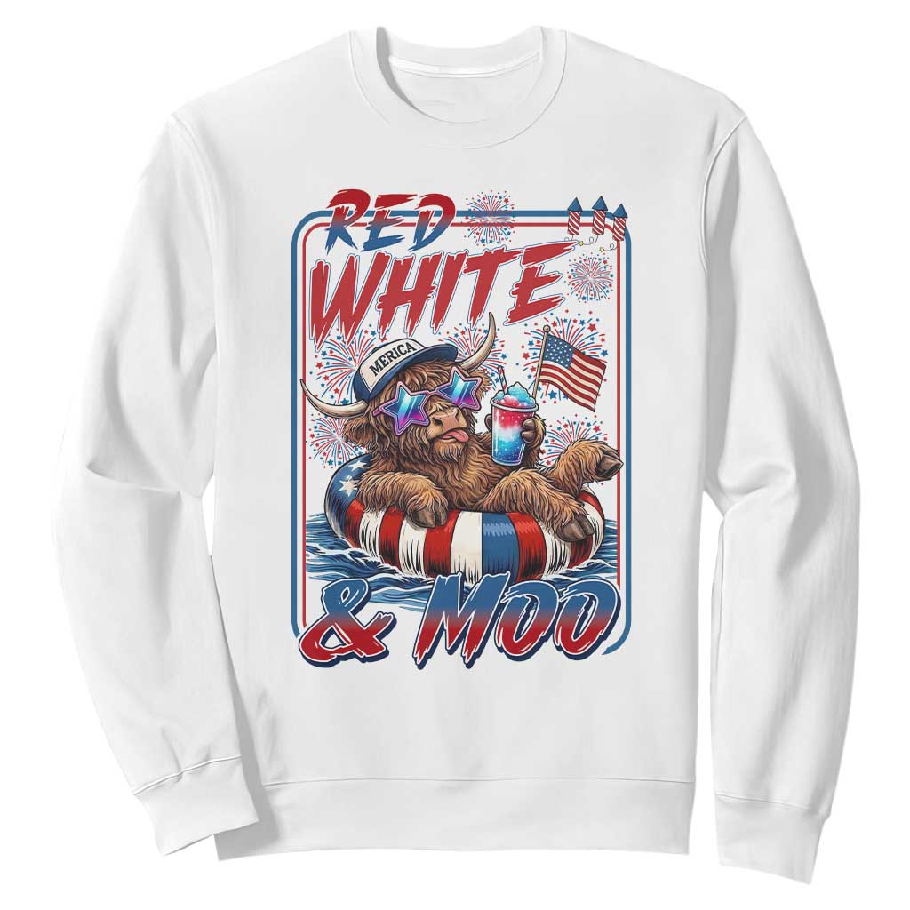 Funny Highland Cow Pool Party 4th Of July Sweatshirt Red White And Moo TS12 White Print Your Wear