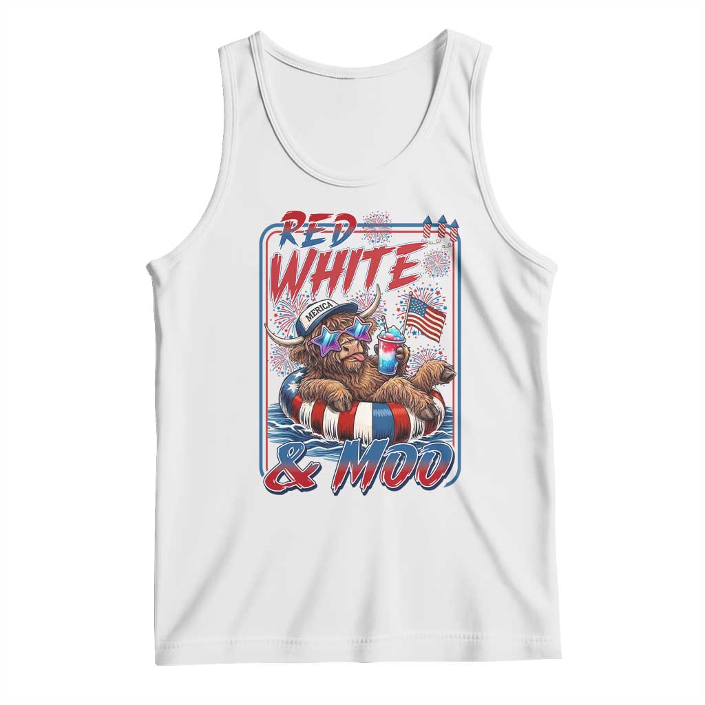 Funny Highland Cow Pool Party 4th Of July Tank Top Red White And Moo TS12 White Print Your Wear
