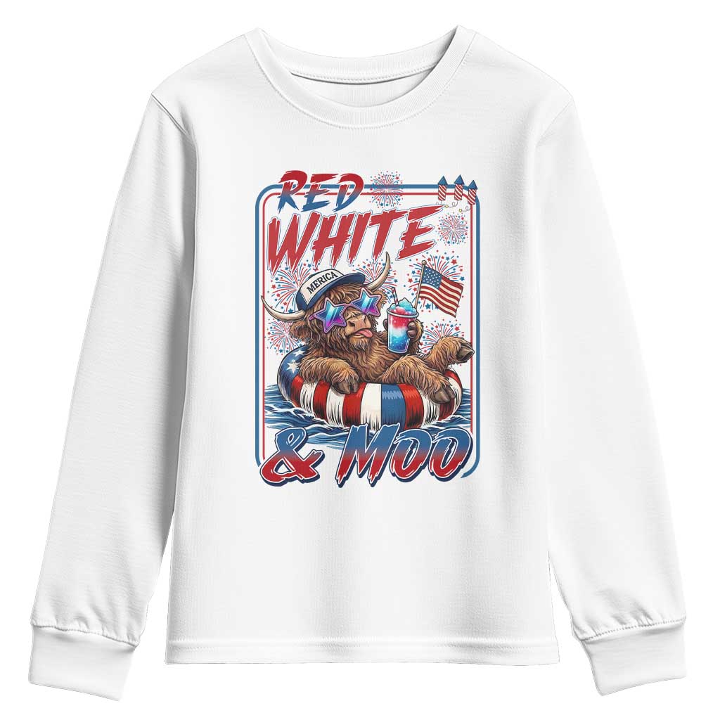 Funny Highland Cow Pool Party 4th Of July Youth Sweatshirt Red White And Moo TS12 White Print Your Wear