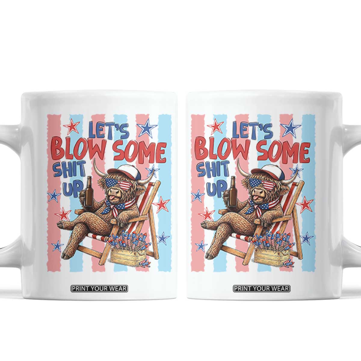 Funny Patriotic Highland Cow Coffee Mug 4th Of July Fireworks Celebration TS12 White Print Your Wear