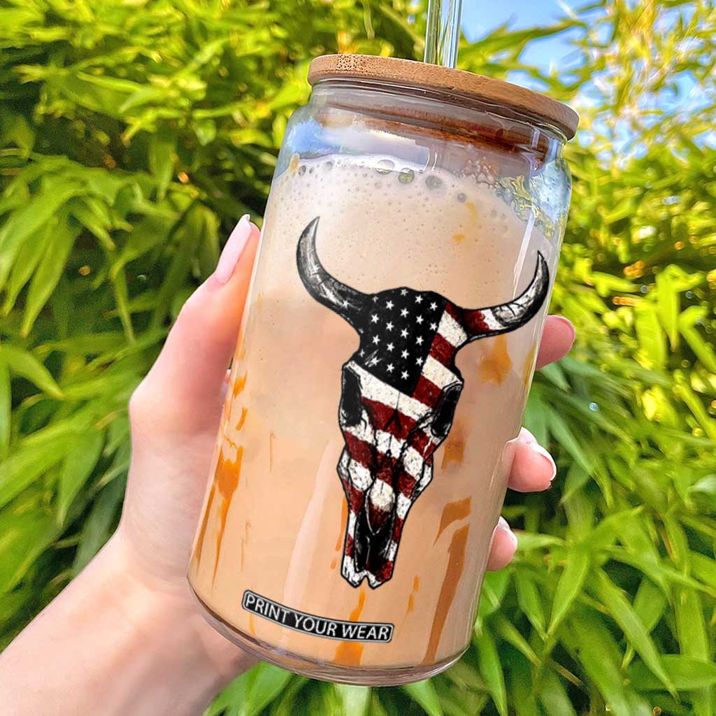 Vintage Western Cow Skull Usa Flag Glass Can Patriotic American Pride TS12 White Print Your Wear
