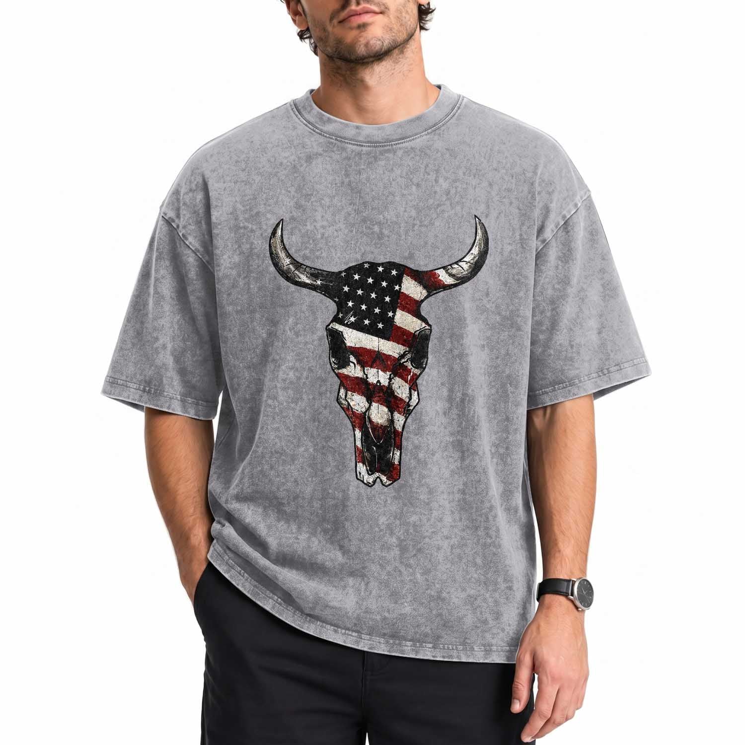Vintage Western Cow Skull Usa Flag Washed Cotton T-Shirt Patriotic American Pride