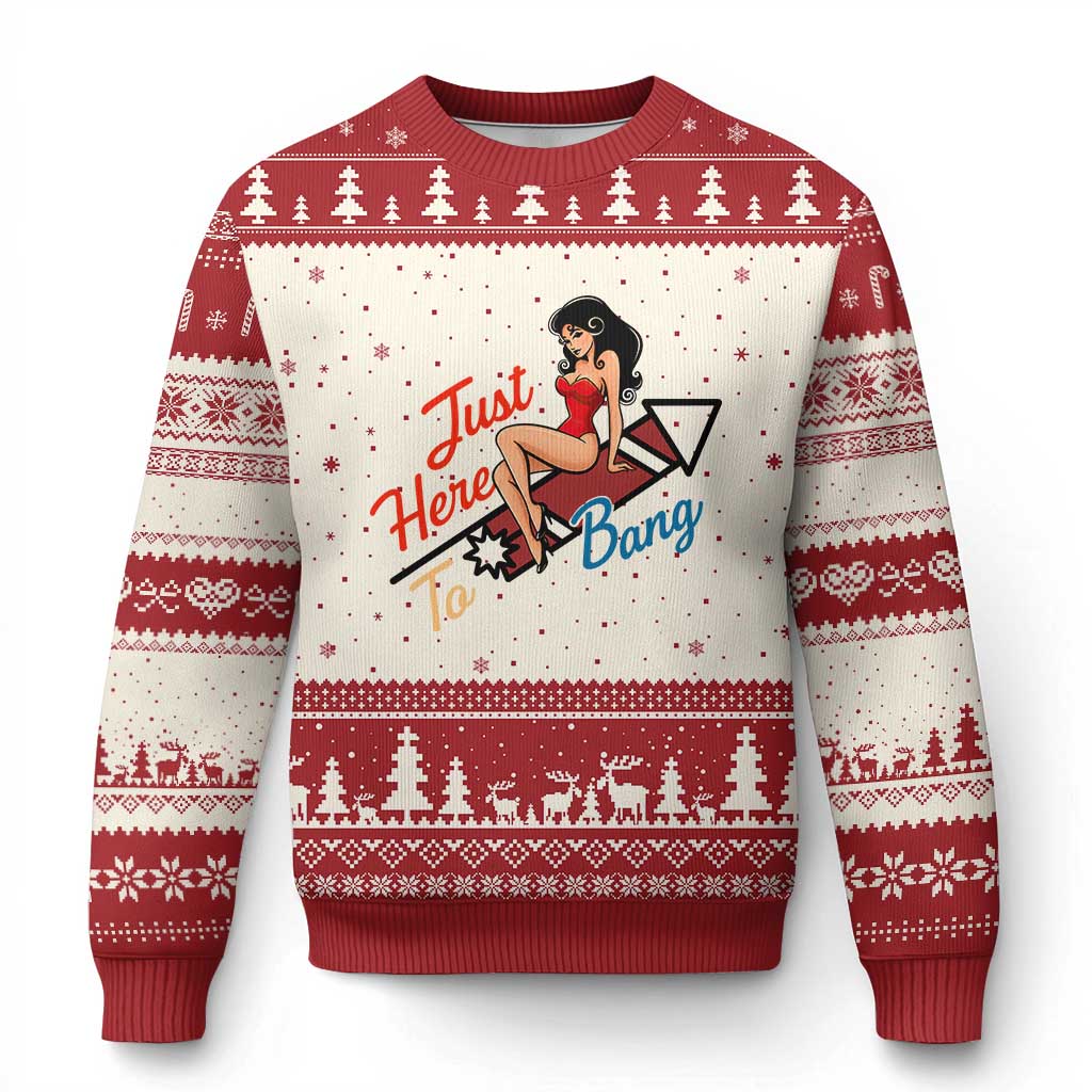 Funny Patriotic Pin Up Girl Firework USA Gift Ugly Christmas Sweater Just Here To Bang TS12 Beige Red Print Your Wear