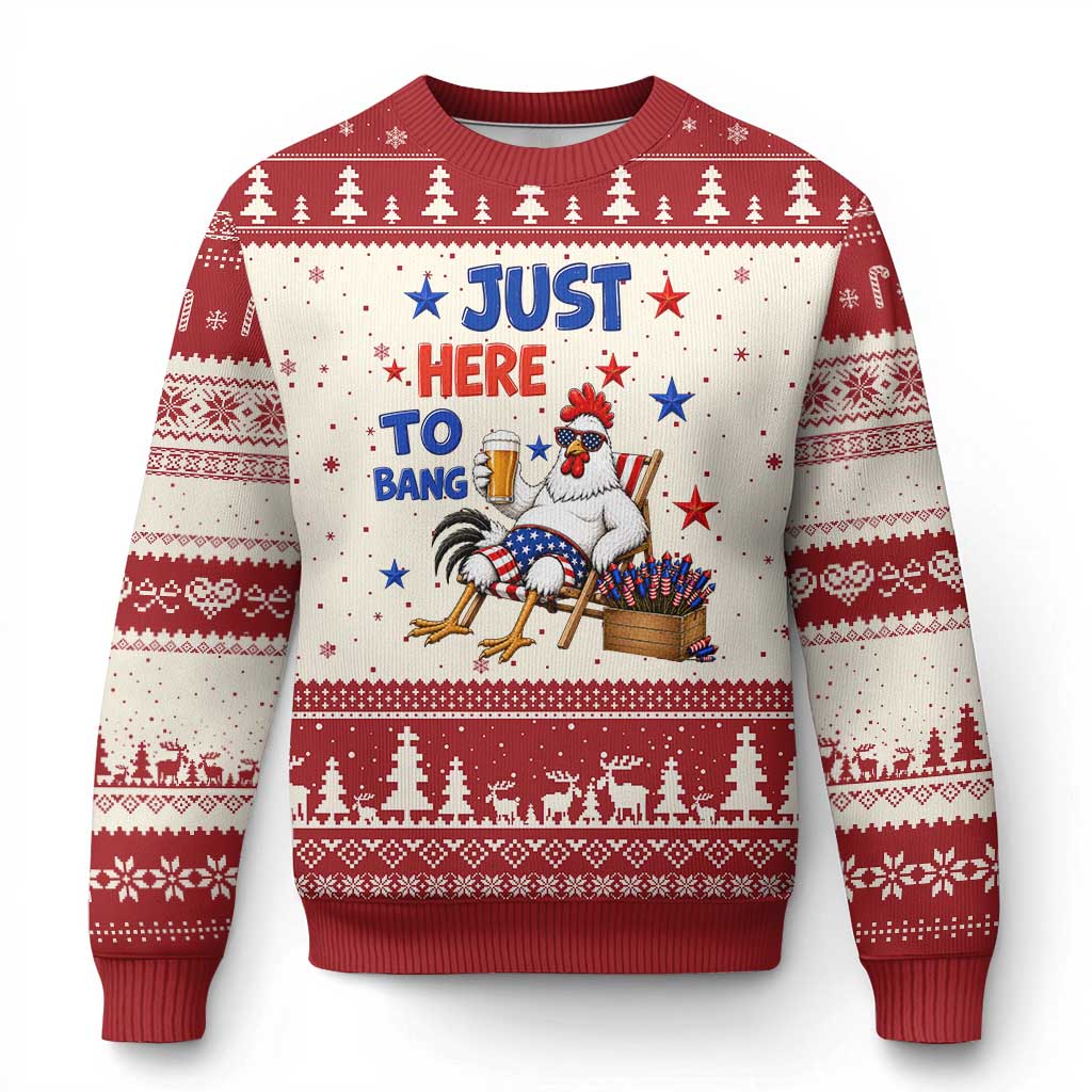 Funny Chicken 4th Of July Celebration Ugly Christmas Sweater Just Here To Bang TS12 Beige Red Print Your Wear