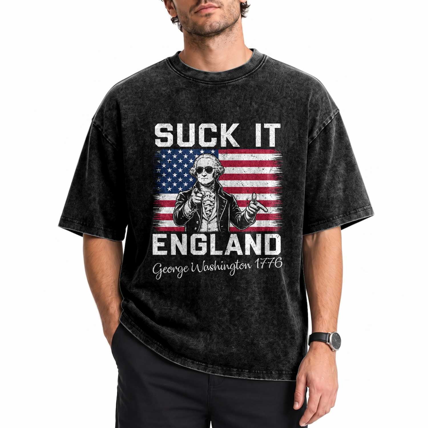 Funny 4th Of July George Washington Washed Cotton T-Shirt Suck It England