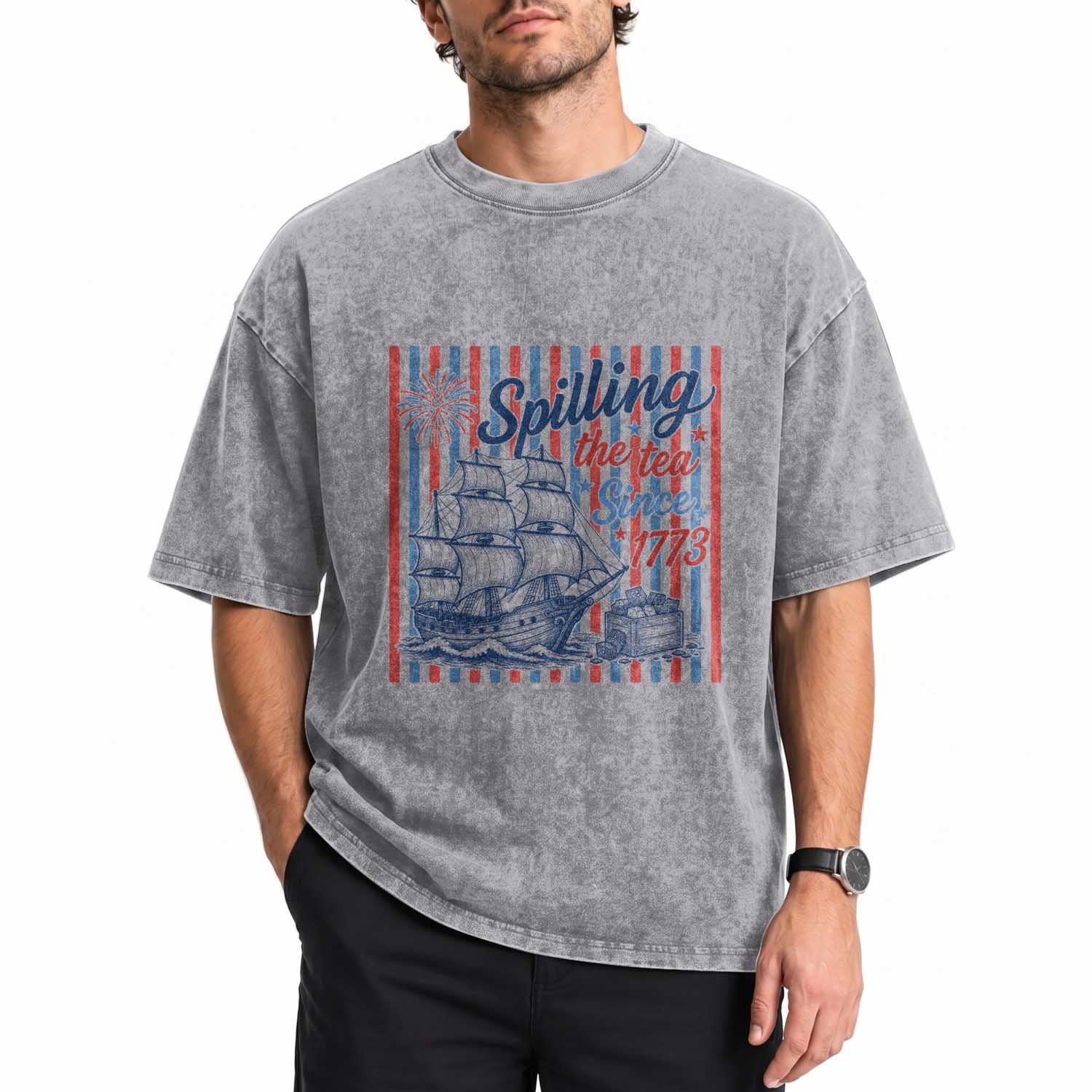 Spilling The Tea Since 1773 Washed Cotton T-Shirt Boston Tea Party USA History Humor
