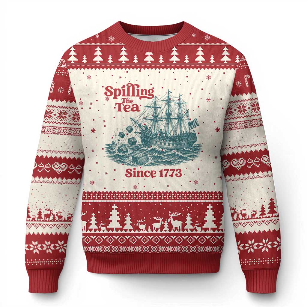 Spilling The Tea Since 1773 Ugly Christmas Sweater American History Gift TS12 Beige Red Print Your Wear