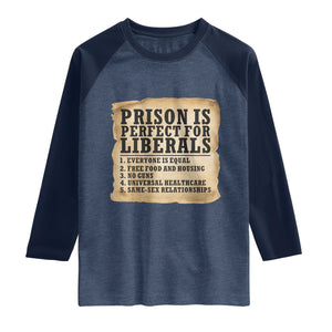 Vintage Prison Is Perfect For Liberals Raglan Shirt Funny Political Graphic TS12 Heather Denim Navy Print Your Wear