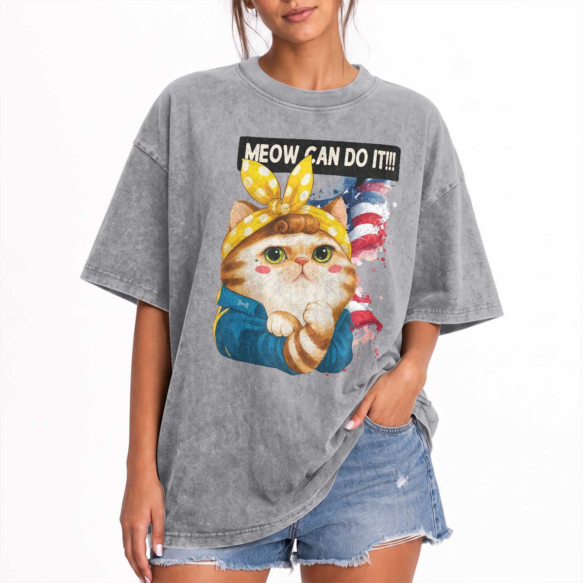 Meow Can Do It Washed Cotton T-Shirt Funny Feminist Cat Lover Gift
