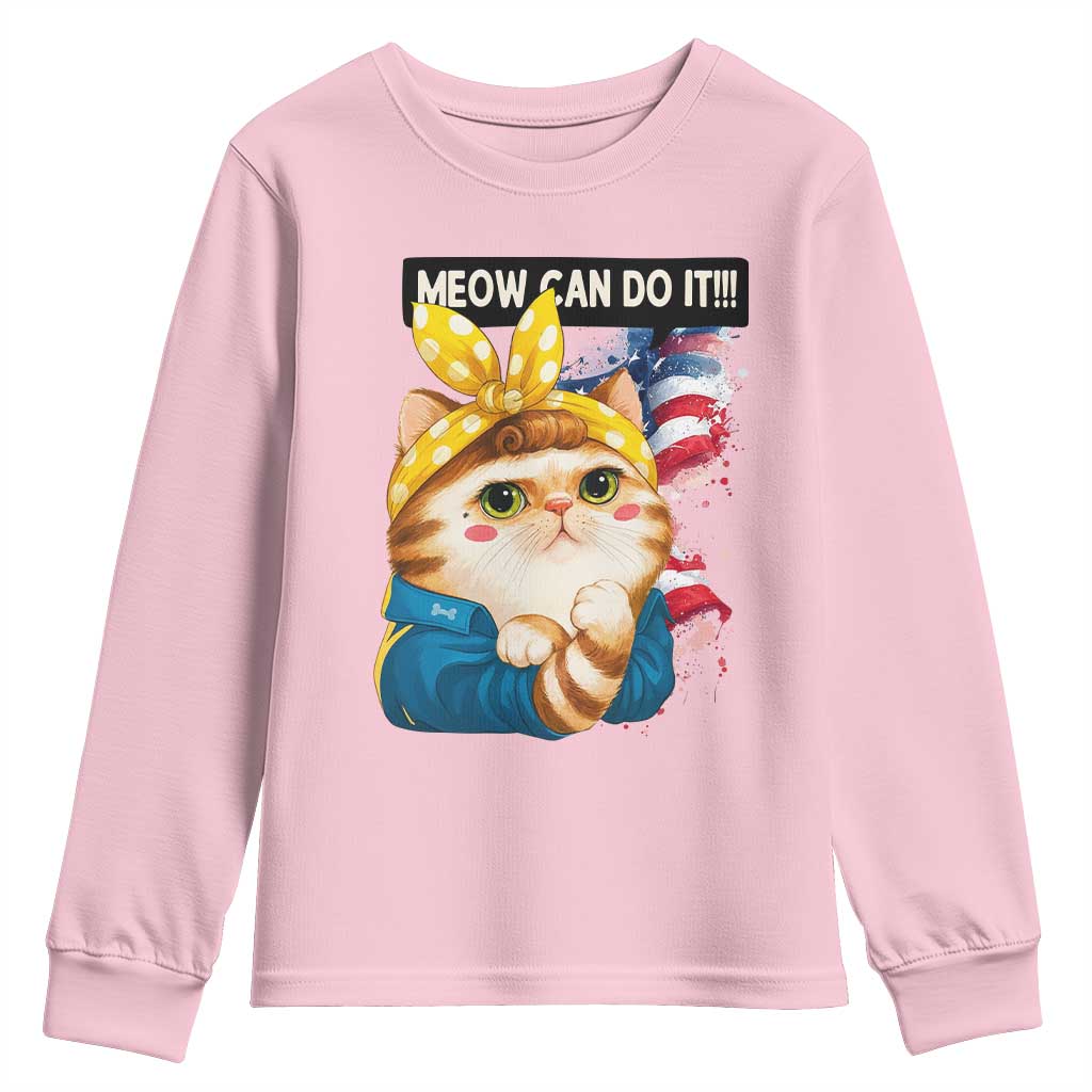 Meow Can Do It Youth Sweatshirt Funny Feminist Cat Lover Gift TS12 Light Pink Print Your Wear