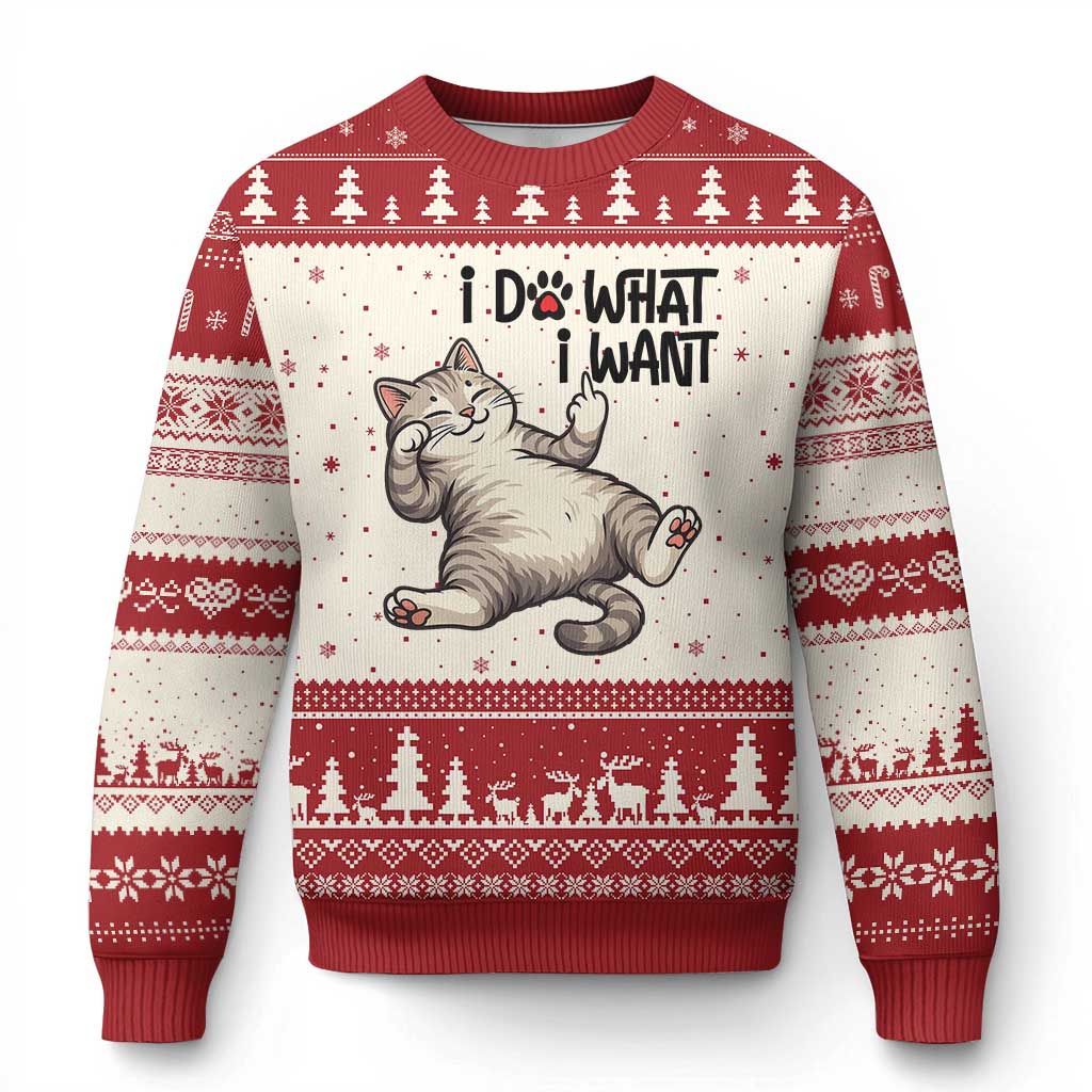 Cat Lover Ugly Christmas Sweater Funny I Do What I Want TS12 Beige Red Print Your Wear