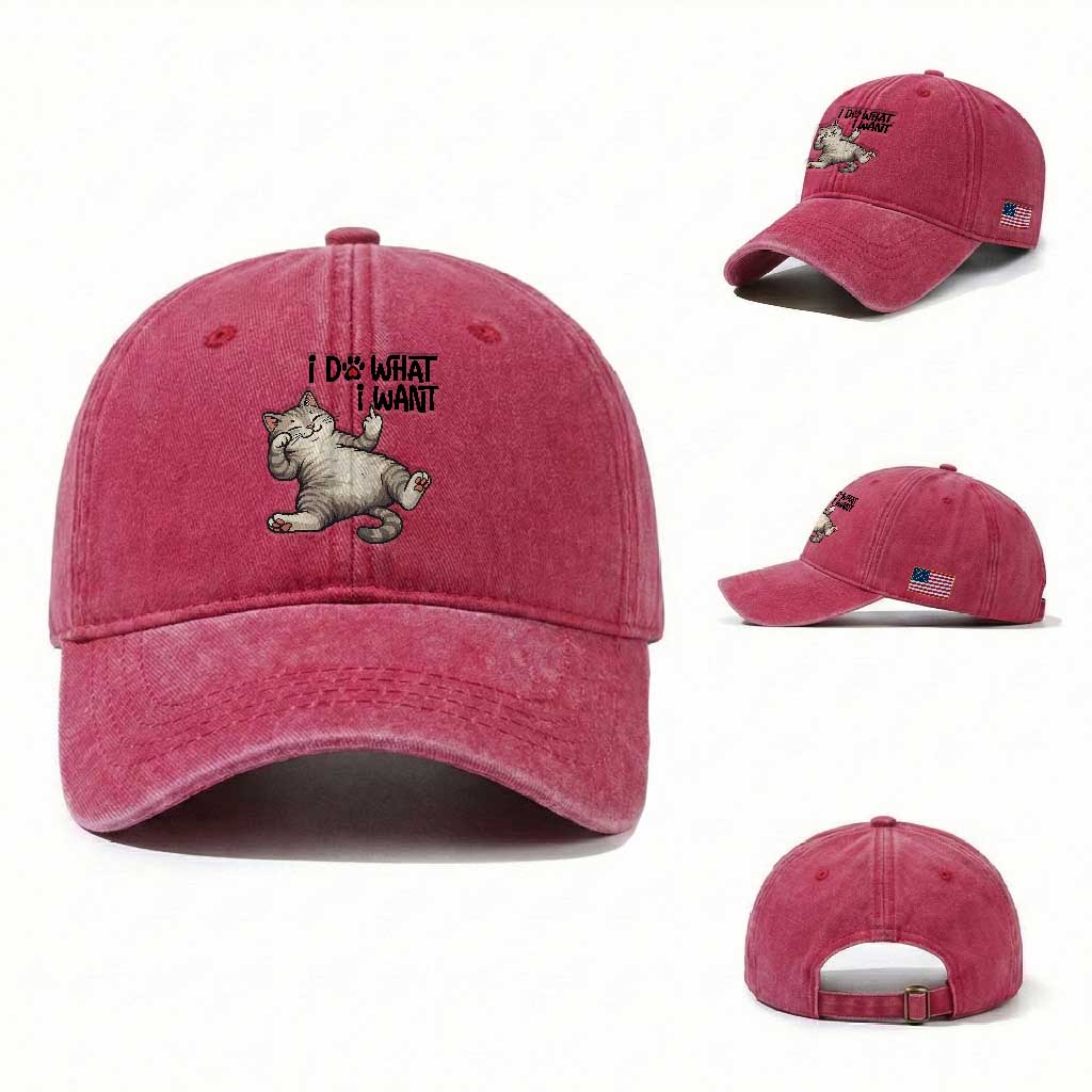 Cat Lover Washed Cotton Baseball Cap Funny I Do What I Want TS12 Washed Cap Universal Fit Red Print Your Wear