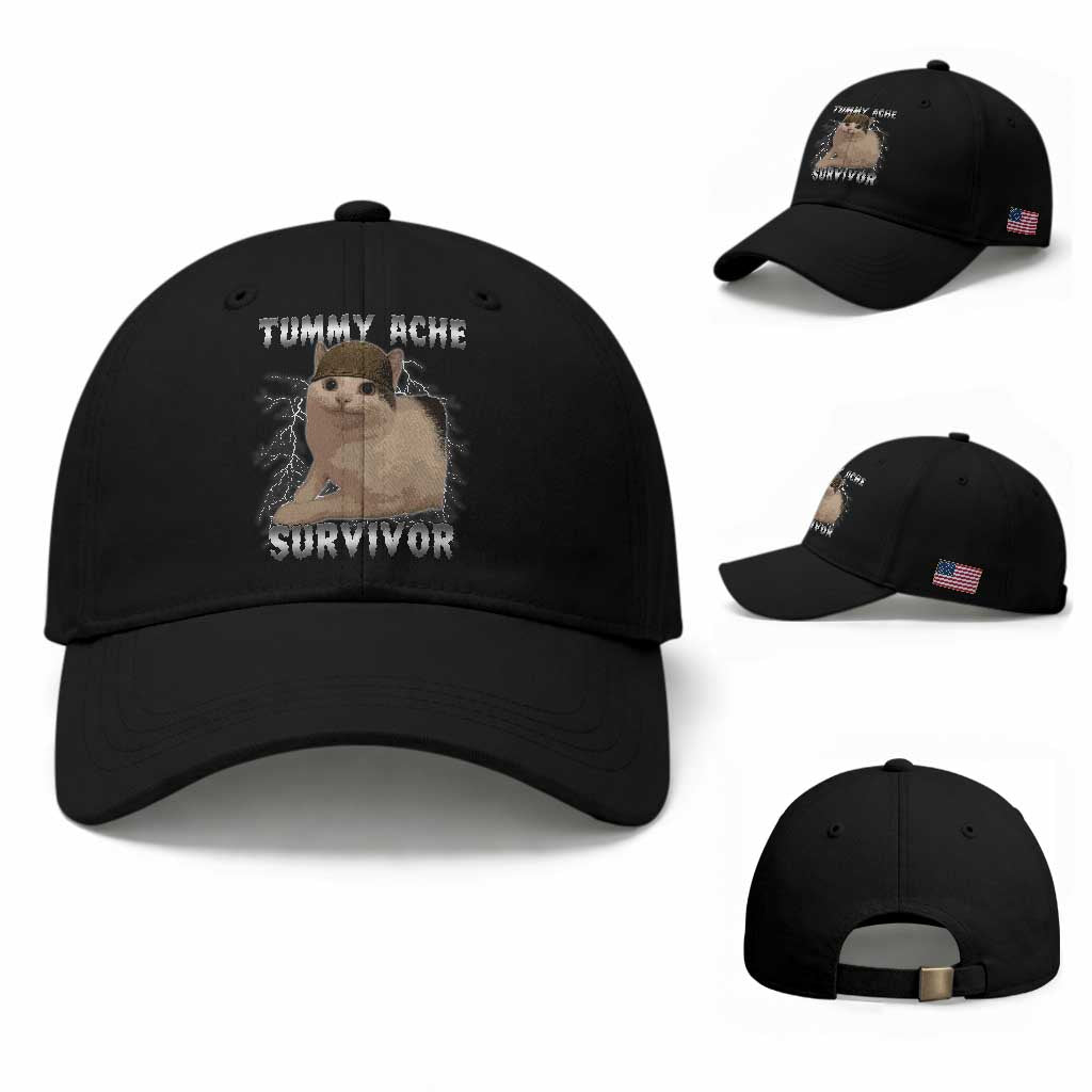 Tummy Ache Survivor Baseball Cap Cat Meme Humor Gift TS12 Baseball Cap Universal Fit Black Print Your Wear