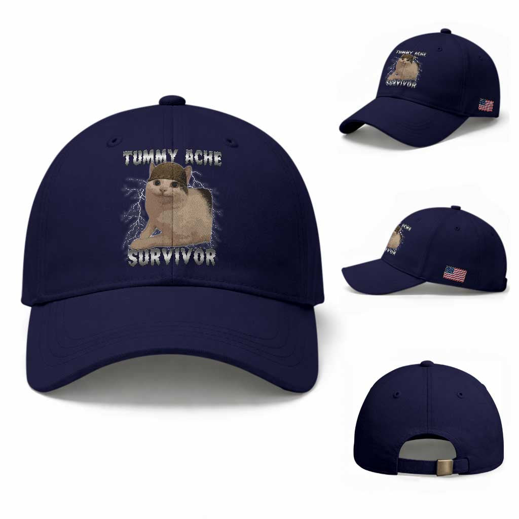 Tummy Ache Survivor Baseball Cap Cat Meme Humor Gift TS12 Baseball Cap Universal Fit Dark Blue Print Your Wear