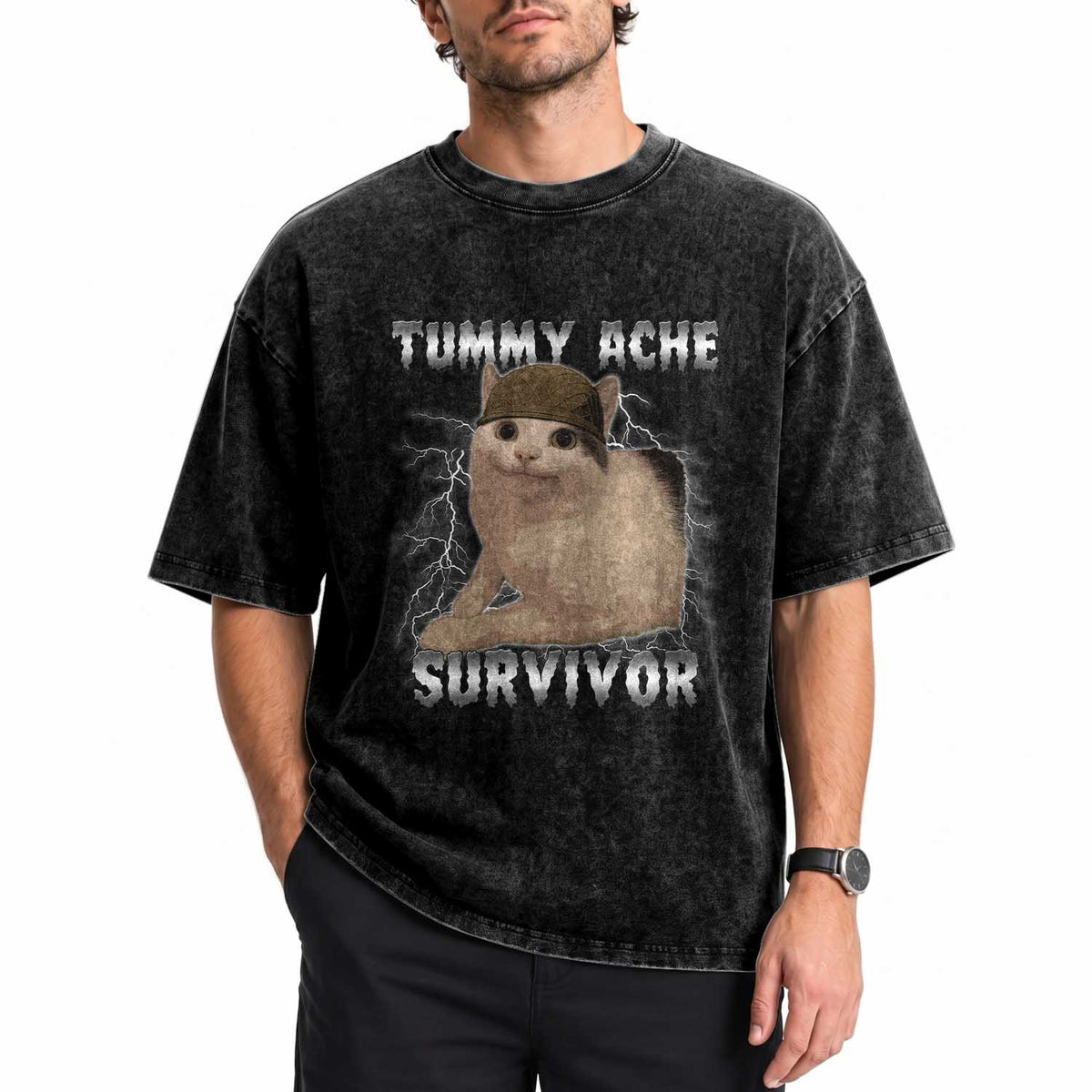 Tummy Ache Survivor Washed Cotton T-Shirt Cat Meme Humor Gift