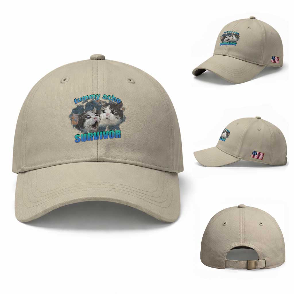Tummy Ache Survivor Baseball Cap Funny Cat Meme For Cat Lover TS12 Baseball Cap Universal Fit Beige Print Your Wear