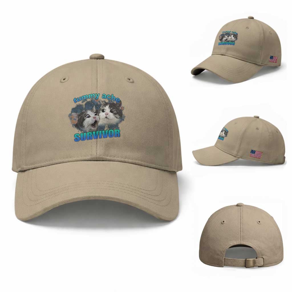 Tummy Ache Survivor Baseball Cap Funny Cat Meme For Cat Lover TS12 Baseball Cap Universal Fit Khaki Print Your Wear