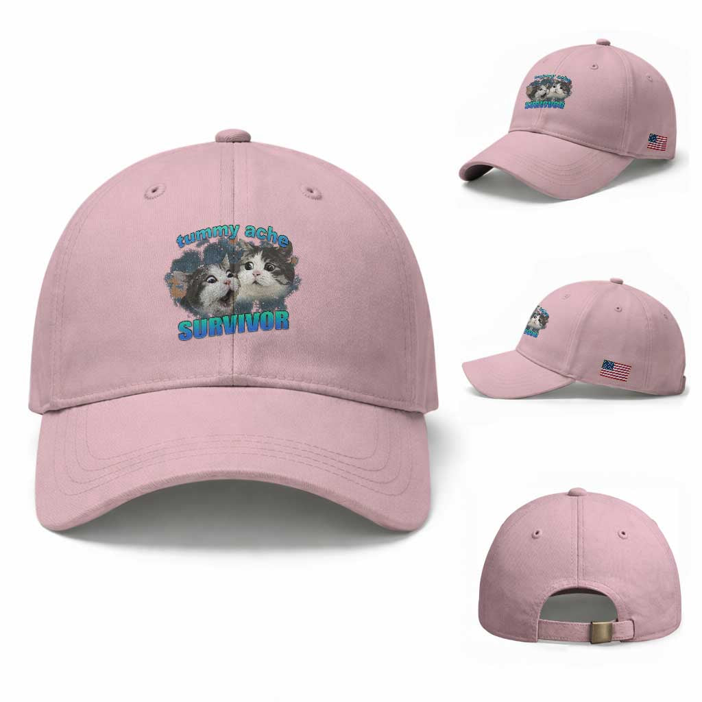 Tummy Ache Survivor Baseball Cap Funny Cat Meme For Cat Lover TS12 Baseball Cap Universal Fit Light Pink Print Your Wear