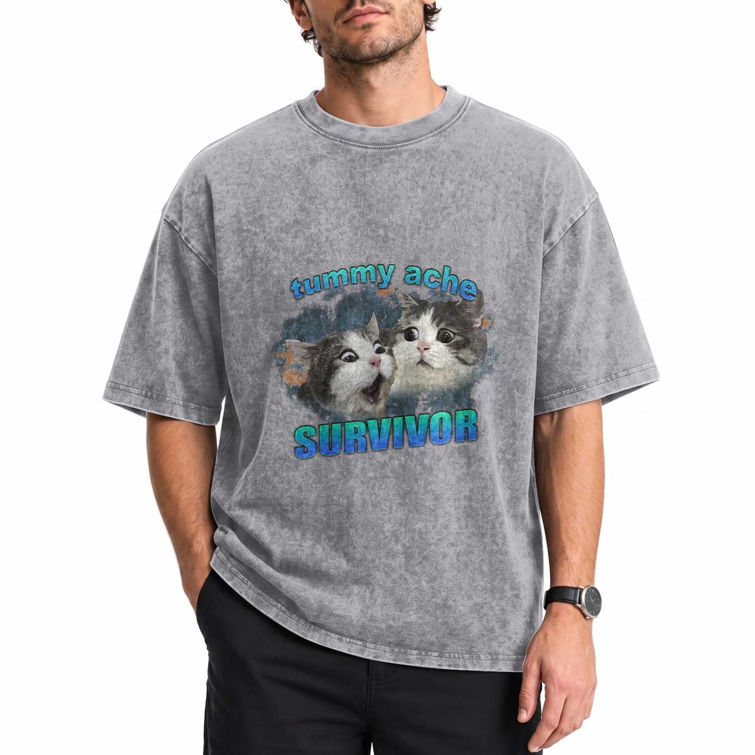 Tummy Ache Survivor Washed Cotton T-Shirt Funny Cat Meme For Cat Lover