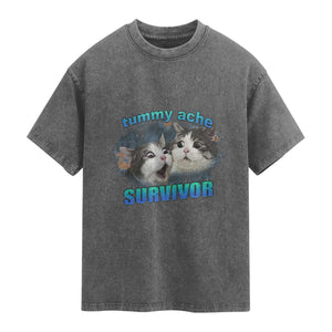 Tummy Ache Survivor Washed Cotton T-Shirt Funny Cat Meme For Cat Lover