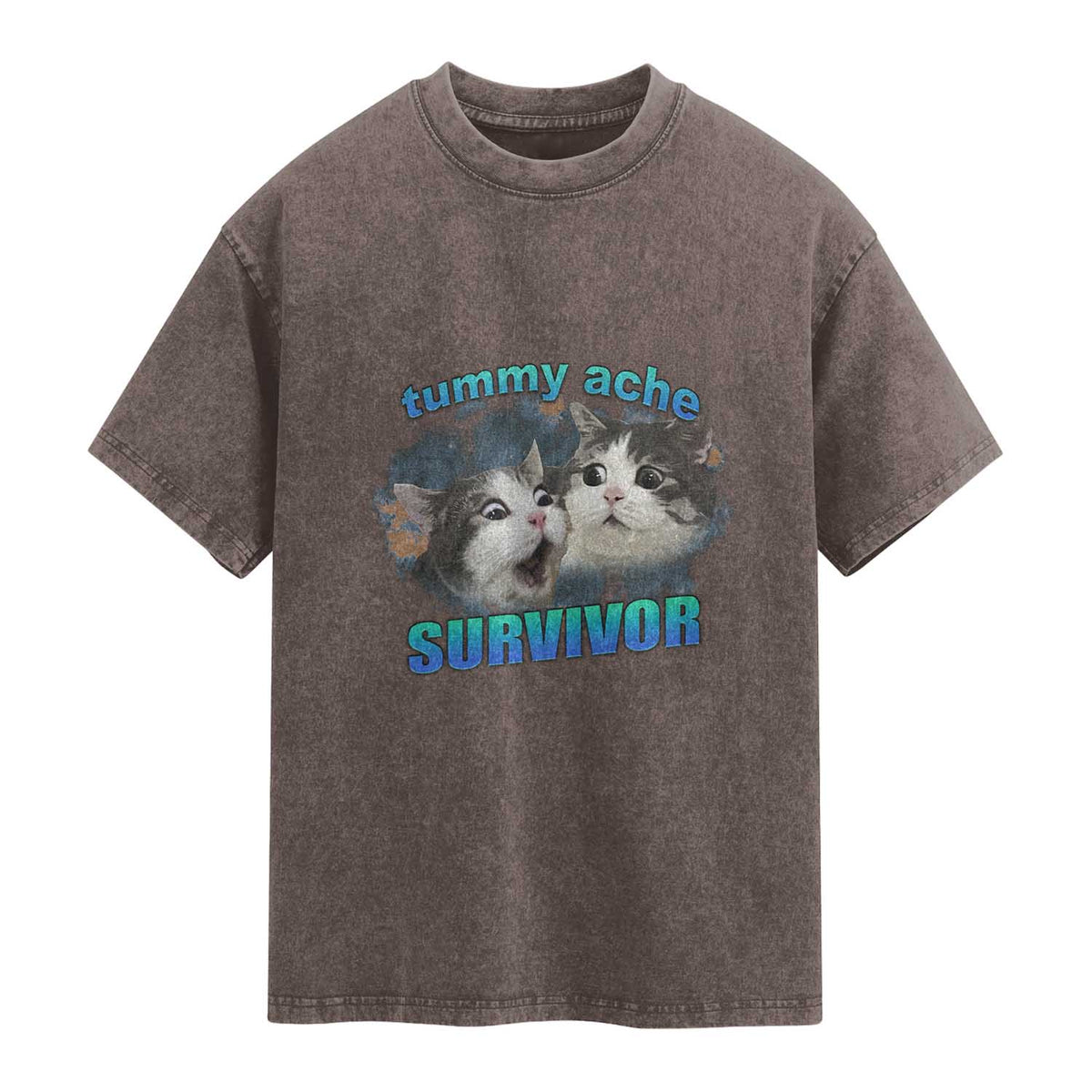 Tummy Ache Survivor Washed Cotton T-Shirt Funny Cat Meme For Cat Lover