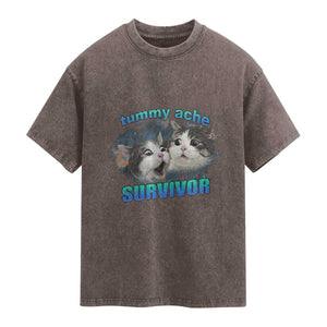 Tummy Ache Survivor Washed Cotton T-Shirt Funny Cat Meme For Cat Lover